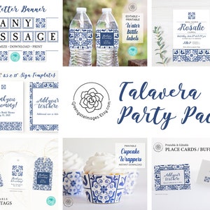 Talavera Party Pack - blue white tile, azulejos design, Mediterranean Spanish, French Italian, bridal shower idea, party printables set