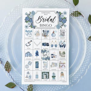 Dusty Blue Bridal Bingo Cards - 50 PRINTABLE unique cards in PDFs. Personalize the header & title text using Adobe Reader. Something Blue.