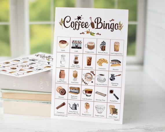 Coffee Bingo Cards: Printable Bingo Cards, Color Pictures, 50