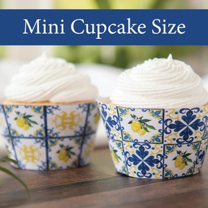 MINI Lemons/Blue Tile Cupcake Wrapper Duo - PRINTABLE instant download PDF.  Blue/white/yellow tile w lemons & blossoms. Amalfi coast vibe.