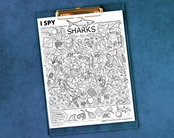 Sharks I Spy - Printable activity for kids & adults. Whimsical black and white coloring page with 40 hidden pictures. Species + ocean life.