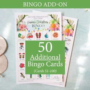 ADICIONAL: 50 cartelas de bingo de Natal Tropical adicionais (numeradas de 51 a 100) para acompanhar o jogo original, vendido separadamente