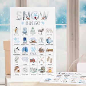 Cartes de bingo dans la neige : bingo imprimable, 50 cartes, activité pour personnes âgées, jeu pour enfants, idée d'anniversaire, bingo d'hiver avec de belles images étiquetées
