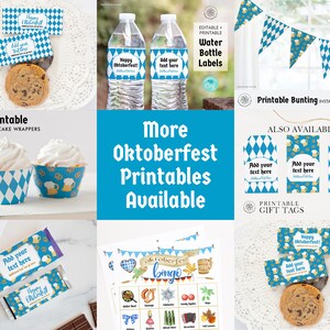 May include: Printable Oktoberfest party decorations including cupcake wrappers, water bottle labels, gift tags, and a bingo card. The designs feature blue and white diamond patterns, beer steins, pretzels, and the text "Happy Oktoberfest!" and "Add your text here".