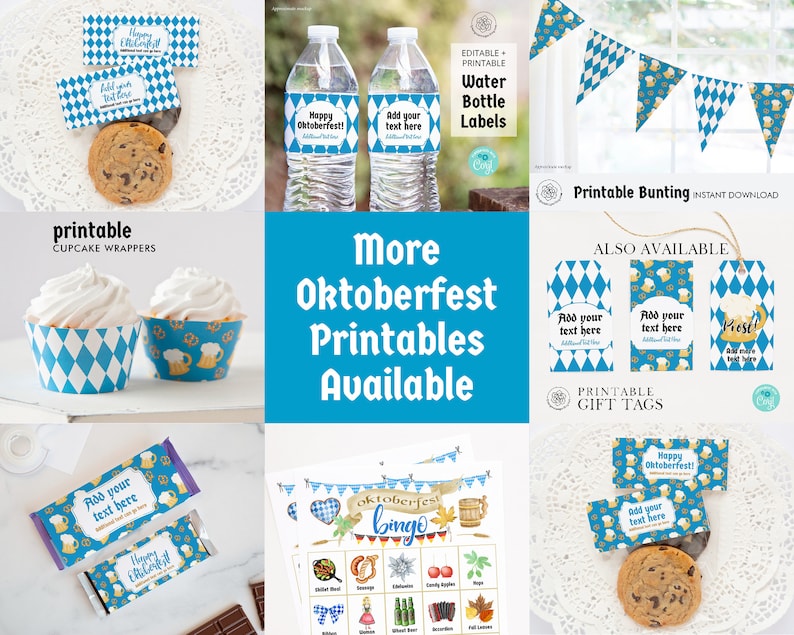 May include: Printable Oktoberfest party decorations including cupcake wrappers, water bottle labels, gift tags, and a bingo card. The designs feature blue and white diamond patterns, beer steins, pretzels, and the text "Happy Oktoberfest!" and "Add your text here".