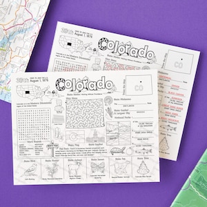 May include: A black and white printable activity sheet with a map of Colorado, a word search, a maze, and a state symbol matching game. The sheet includes the text "38th August 1, 1876 State to Join the US".