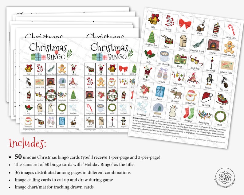 Christmas/Holiday Bingo Cards: Printable bingo, 50 cards, senior citizen activity, kids game, activity, bingo with pictures, color bingo image 3