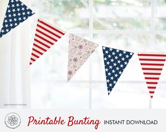 4th of July Banner - bunting, stars and stripes, independence day ideas, american flag, party printables, red white blue, patriotic decor