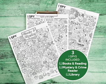 Reading I Spy Bundle: Library, Mystery & Crime Reader, General. PRINTABLE - Answer Keys Included. 3 themed 8.5x11" pages. Bookish-themed fun