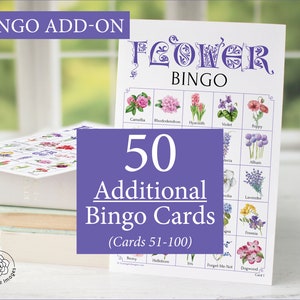 ADICIONAL: 50 cartões adicionais de Bingo de Flores (numerados de 51 a 100) para acompanhar o jogo original, vendido separadamente