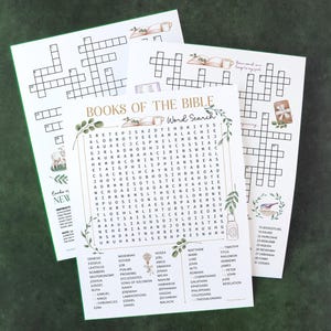 Actividades de los Libros de la Biblia - PDF IMPRIMIBLES de descarga instantánea. Sopa de letras + 2 crucigramas para memorizar la ortografía de los libros del Antiguo y Nuevo Testamento.