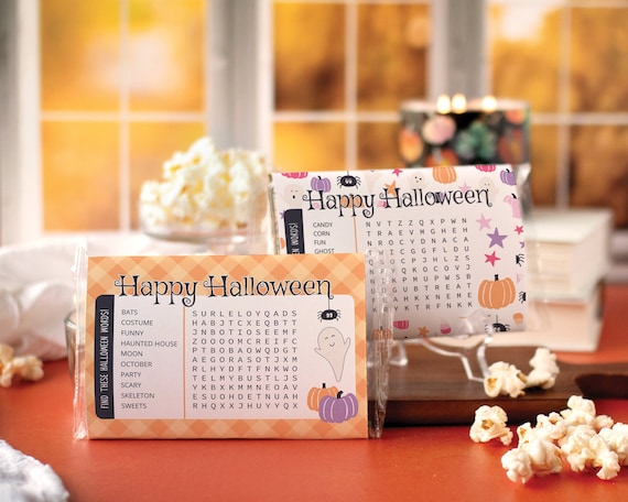 Halloween Popcorn Wrapper Duo - PRINTABLE microwave popcorn wrapper that is ready to download. Two designs w/ word finds. Classroom handout.