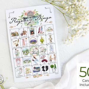 May include: A Regency Bingo game card featuring a grid of watercolor illustrations including a cottage, string quartet, fireplace, tea time, letter writing, lavender basket, perfume, garden, parlor games, fans, and books with the text Regency Bingo.