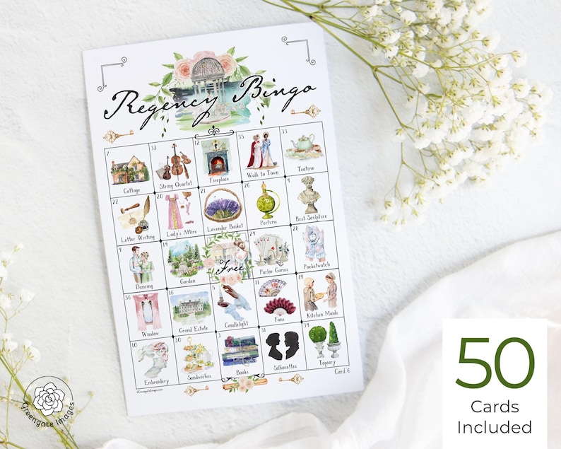 May include: A Regency Bingo game card featuring a grid of watercolor illustrations including a cottage, string quartet, fireplace, tea time, letter writing, lavender basket, perfume, garden, parlor games, fans, and books with the text Regency Bingo.