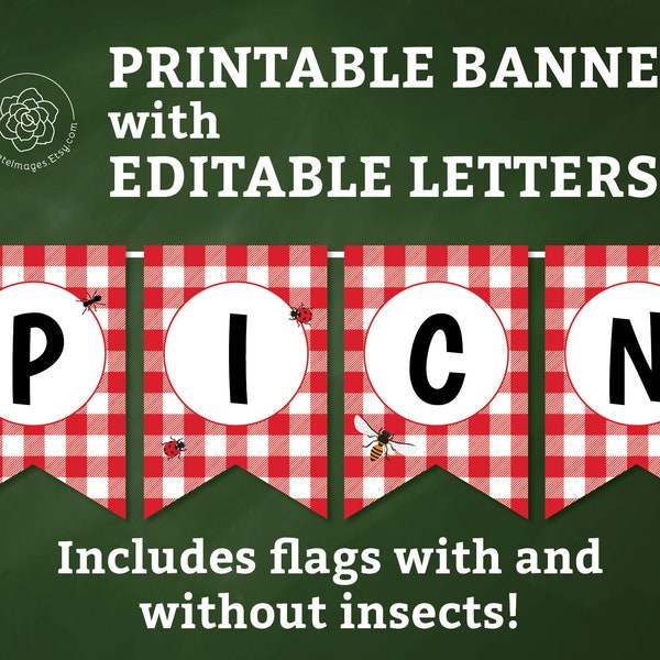 Picnic Letter Banner - Editable printable message bunting, red and white gingham, teacher banner, classroom, birthday, insects banner