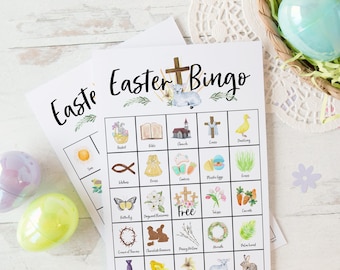 May include: A printable Easter Bingo game card with images of Easter symbols like a cross, a lamb, a basket, a church, a duckling, a fish, a dress, carrots, butterflies, tulips, and more. The card has a free space in the center.
