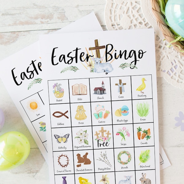 Christian Easter Bingo: 50 printable unique cards, Resurrection church game, Sunday school, kids game, seniors activity, religious holiday