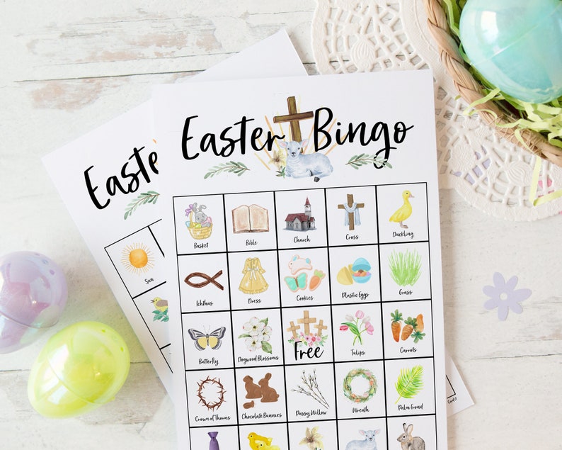 Christian Easter Bingo: 50 printable unique cards, Resurrection church game, Sunday school, kids game, seniors activity, religious holiday image 1