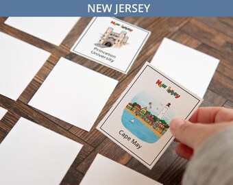 New Jersey Memory Game - PRINTABLE downloadable activity PDF. Matching game. 36 picture cards representing symbols & aspects of a US state.