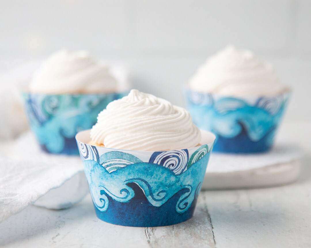 Wave Cupcake Wrapper Printable Cupcake Wrap Blue Turquoise - Etsy