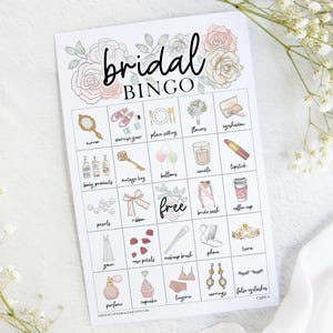 Bridal Bingo - 50 PRINTABLE unique cards. Pretty, neutral design for bridal showers and sprinkles. Hand-drawn fashion art with pastel roses.