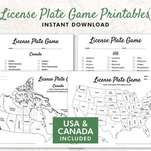 "License Plate Game Printable - USA und Kanada, Road Trip Spiele, Geographie Printables für Kinder, Autospiele, Checkliste ""US Bundesstaat"" zum Ausmalen."