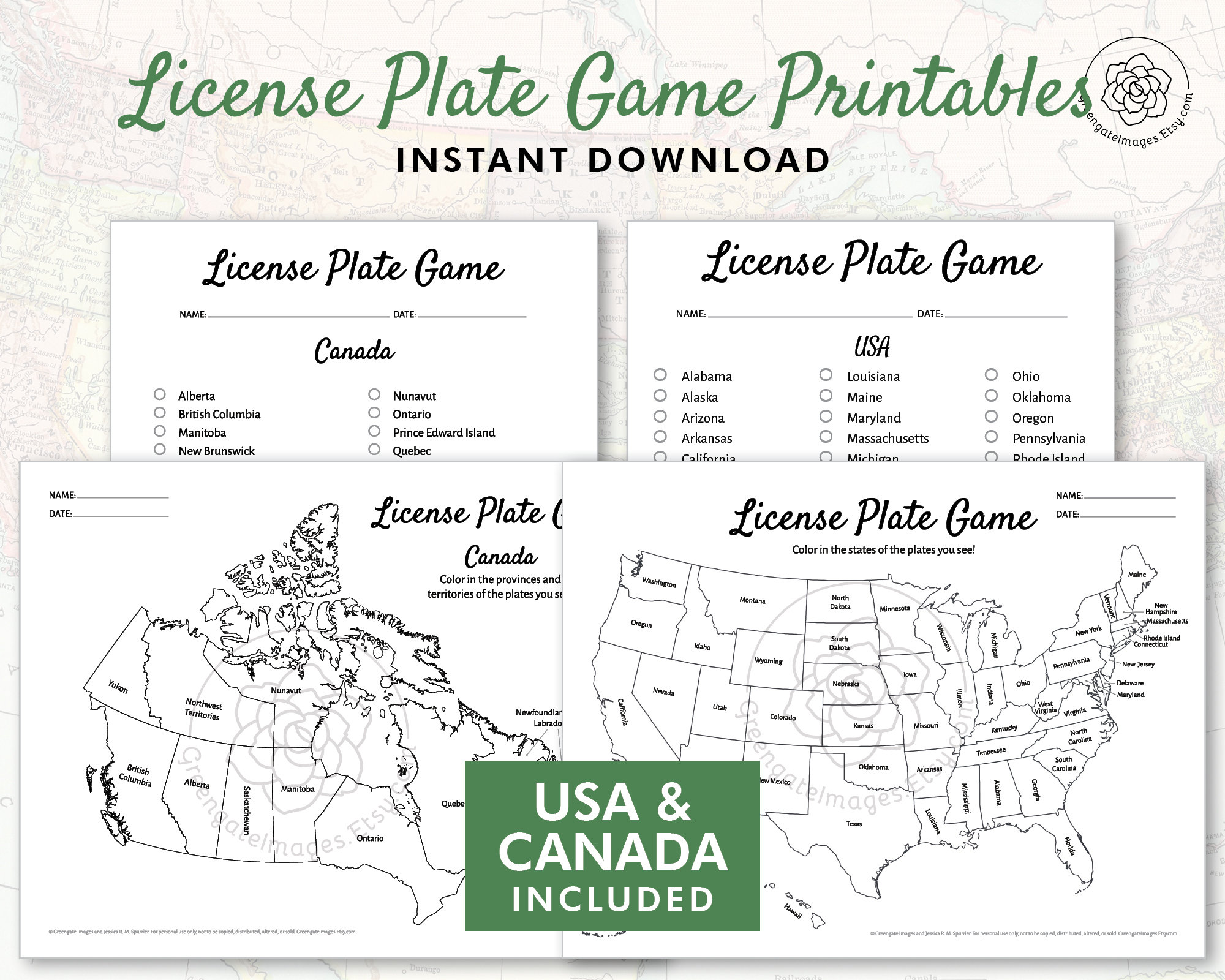 License Plate Game Printable US and Canada road trip games | Etsy