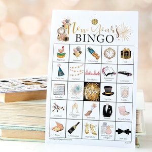 Neujahrs Bingo Karten: Druckbares Bingo, 50 Karten, Aktivität für Senioren, Kinderspiel, Silvester Aktivität, Bingo mit Farbe Bildern
