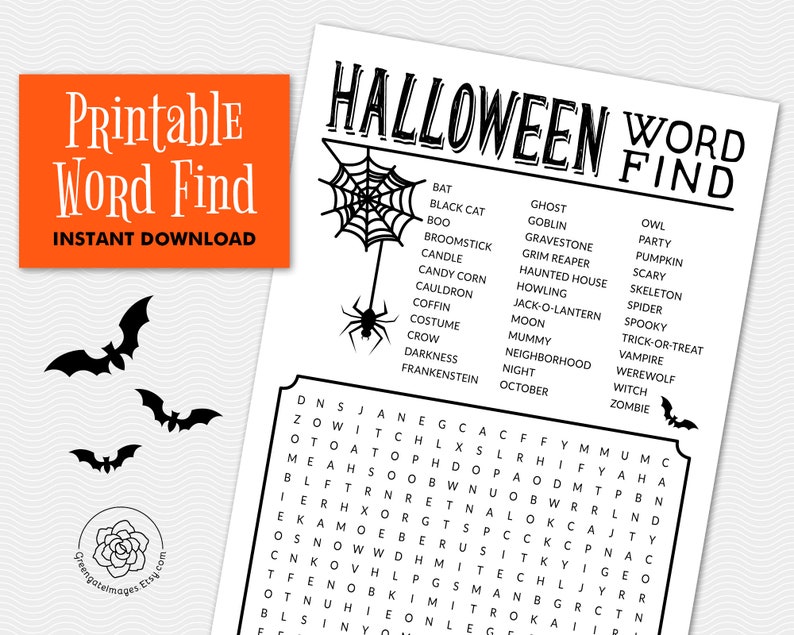 May include: A printable Halloween word search puzzle with a spider web and a spider in the upper left corner. The words to find are listed on the right side of the page. The words are: bat, black cat, boo, broomstick, candle, candy corn, cauldron, coffin, costume, crow, darkness, Frankenstein, ghost, goblin, gravestone, grim reaper, haunted house, howling, jack-o-lantern, moon, mummy, neighborhood, night, October, owl, party, pumpkin, scary, skeleton, spider, spooky, trick-or-treat, vampire, werewolf, witch, zombie.