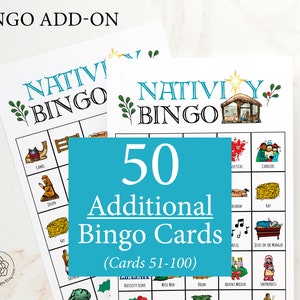 ADICIONAL: 50 cartões adicionais de Bingo da Natividade (numerados de 51 a 100) para acompanhar o jogo original, vendido separadamente