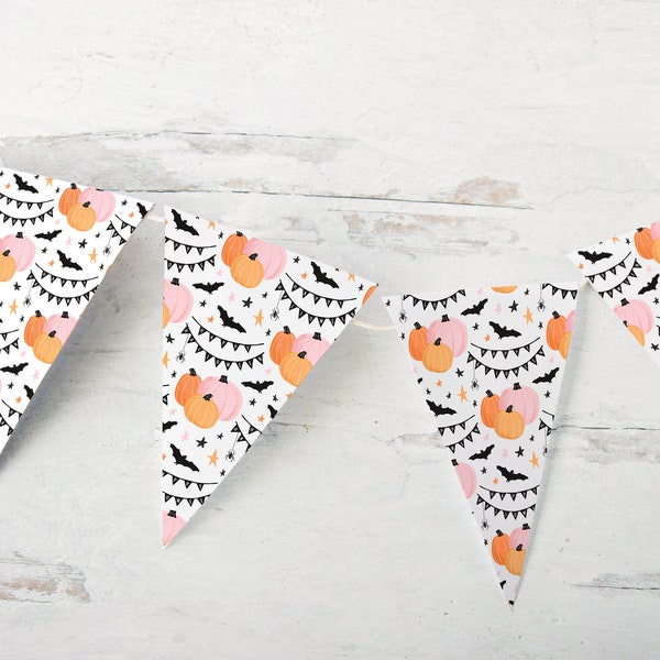 Halloween Pumpkin Bunting - PRINTABLE banner pdf download, little pumpkin baby shower ideas, cute decorations w/ pastel peach orange black.