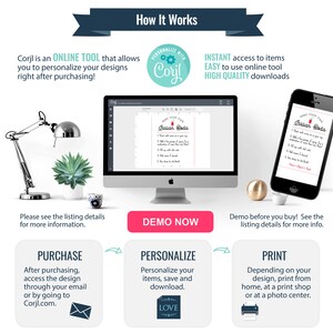 May include: A graphic showing how to use an online tool to personalize and print digital designs. The graphic shows a computer screen with a design open in the Corjl online tool, a smartphone with a design open in the Corjl online tool, and three steps: purchase, personalize, and print.
