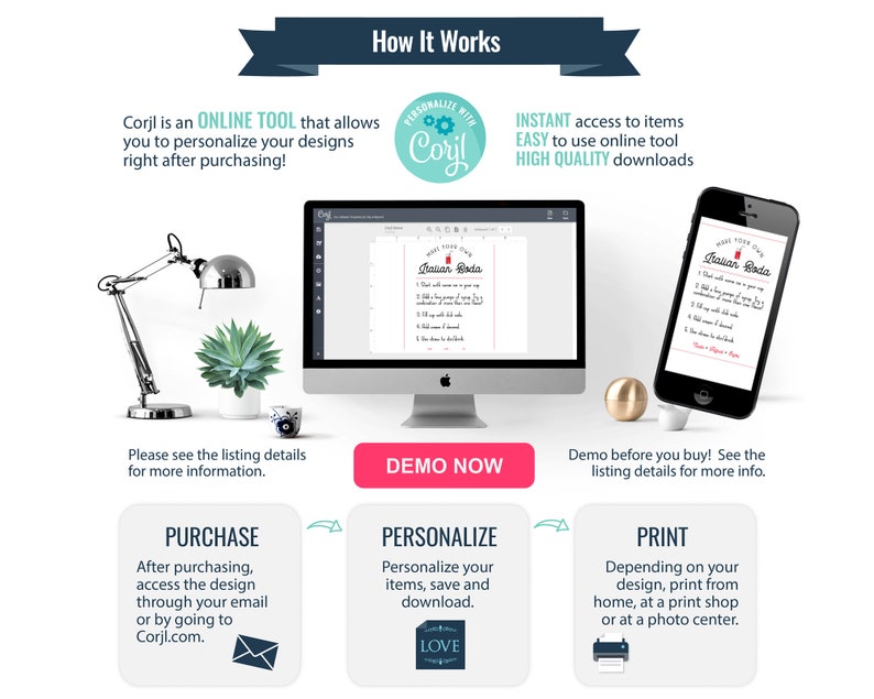 May include: A graphic showing how to use an online tool to personalize and print digital designs. The graphic shows a computer screen with a design open in the Corjl online tool, a smartphone with a design open in the Corjl online tool, and three steps: purchase, personalize, and print.