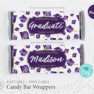 Purple Graduation Candy Bar Wrappers - Custom candy wrap editable Corjl personalized candy label, congratulations graduate, add grad name