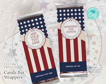 Patriotic Candy Bar Wrappers - Custom Hershey wrap editable Corjl personalized candy label, patriotic hershey bar 4th of July, retirement