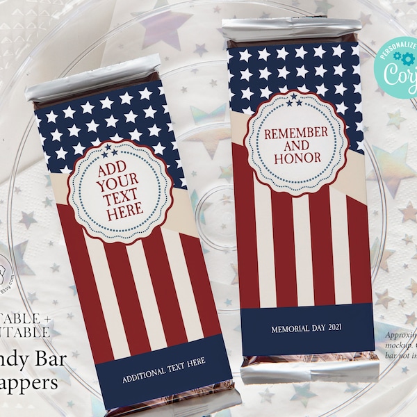 Patriotic Candy Bar Wrappers - Custom chocolate wrap editable Corjl personalized candy label, patriotic hershey bar 4th of July, retirement