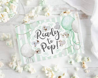 Baby Shower Popcorn Wrapper - PRINTABLE microwave popcorn wrapper. She's ready to pop favor. Striped gender-neutral birth announcement.