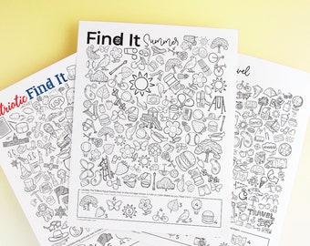 Summer "Find It"/I Spy Bundle - PRINTABLE I Spy Spot It pages. Instant download PDF. 3 topics on 8.5x11" pages: summer, patriotic, travel.