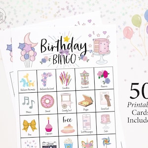 Birthday Bingo Cards: Printable Bingo Cards, 50 Cards, Girls Birthday ...