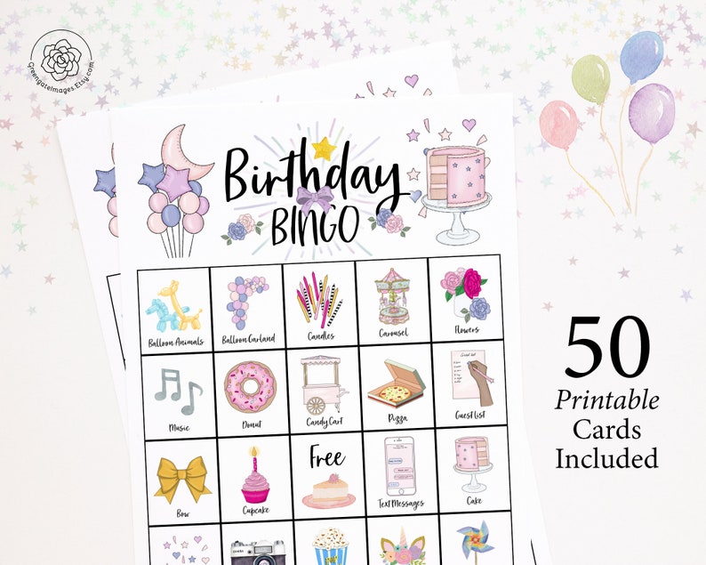 Birthday Bingo Cards Printable Bingo Cards 50 Cards Girls Etsy