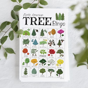 Bingo dans les arbres - 50 cartes de bingo uniques et imprimables. Téléchargement numérique instantané. Idée d'activité pour la tonnelle ou le Jour de la Terre. Espèce indigène d'Amérique du Nord.
