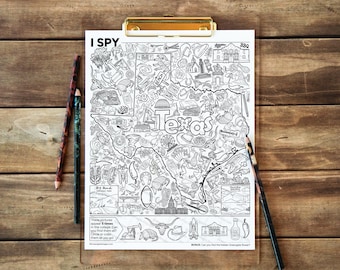 Texas I Spy - Printable United States activity for kids & adults. Black and white coloring page w 40 hidden pictures (5 each of 8 images).
