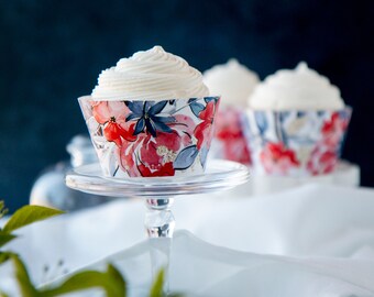 Patriotic Floral Cupcake Wrappers - PRINTABLE instant download. 4th of July party, Memorial Day favor. Abstract flowers red white blue gold.