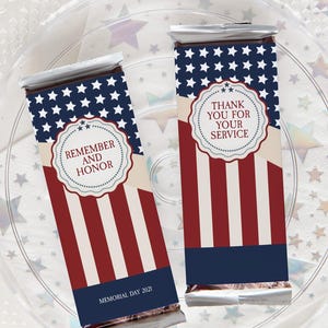 Patriotic Candy Bar Wrappers - Custom chocolate wrap editable Corjl personalized candy label, patriotic hershey bar 4th of July, retirement