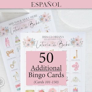 ADICIONAL: 50 cartões adicionais da Lotería de Bebé (numerados de 101 a 150) para acompanhar o jogo original — com flores rosas — vendidos separadamente.
