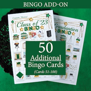ADICIONAL: 50 cartões de Bingo de Graduação verdes/dourados adicionais (numerados de 51 a 100) para acompanhar o jogo original, vendido separadamente