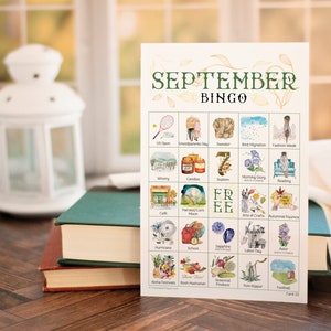 September Bingo - 50 einzigartige Karten zum Ausdrucken. Sofortiger digitaler Download PDF. Lustige Aktivität für Herbstbabys, Potlucks & Picknicks am Labor Day.