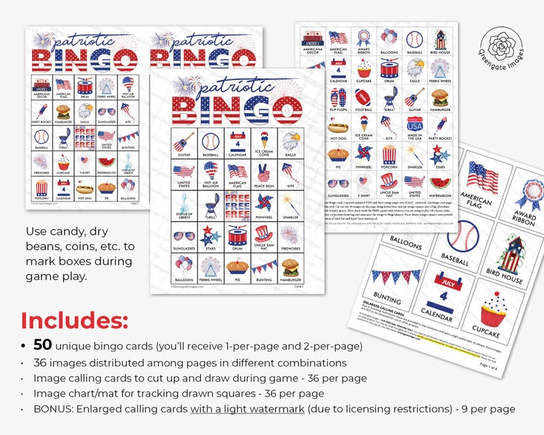 Patriotic Bingo Cards: Printable Bingo, 50 Cards, 4th of July Party ...