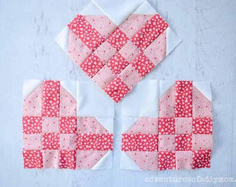 Patrón de bloque de edredón de corazón tejido / Para principiantes / Nueve parches / Descarga digital en PDF / 3 tamaños