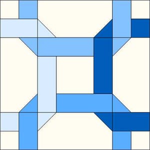 May include: A quilt block pattern with a woven design featuring blue and white squares. The design is made up of four squares with a blue square in the centre of each.
